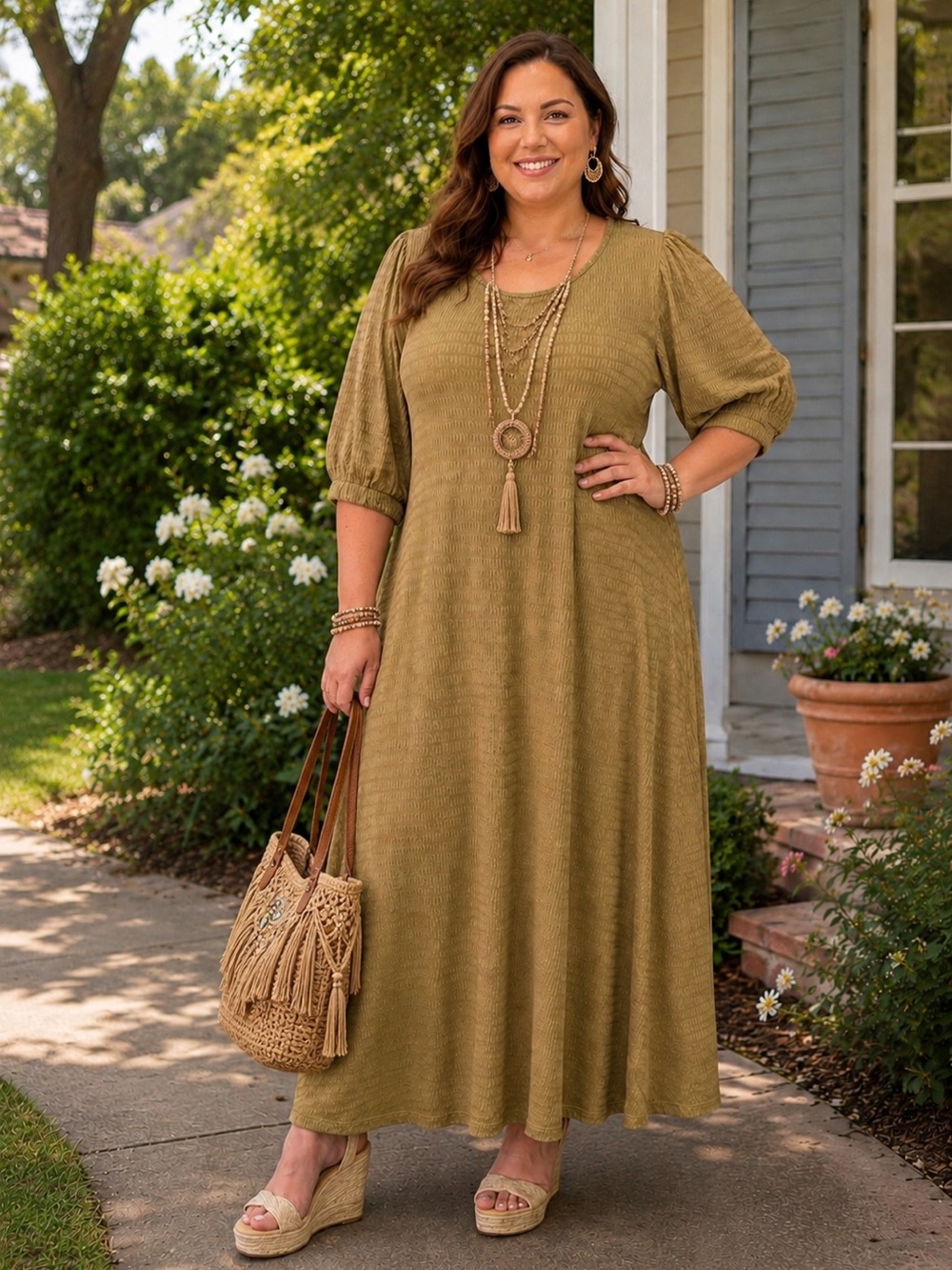 ⭐️EASEL Comfortable Textured Midi Dress in Camel Size L